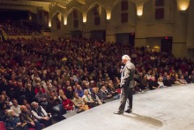 UA President Robert C. Robbins addresses the Centennial Hall audience before the start of Monday night&#039;s science lecture. 